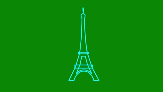 Animated blue Eiffel Tower is drawn. Linear symbol of France. Looped video. Concept of Paris, trip, travel, construction, journey. Line vector illustration isolated on green background.