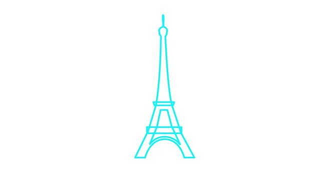 Animated blue Eiffel Tower is drawn. Linear symbol of France. Looped video. Concept of Paris, trip, travel, construction, journey. Line vector illustration isolated on white background.