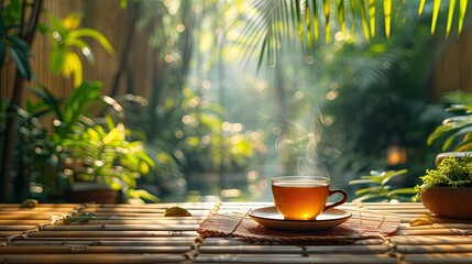 Green tea served on wooden plate with blurry background of traditional house and tropical plants.