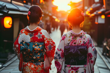 着物を着た日本人女性のグループが京都の町並みを観光してで幸せそうに微笑む - obrazy, fototapety, plakaty