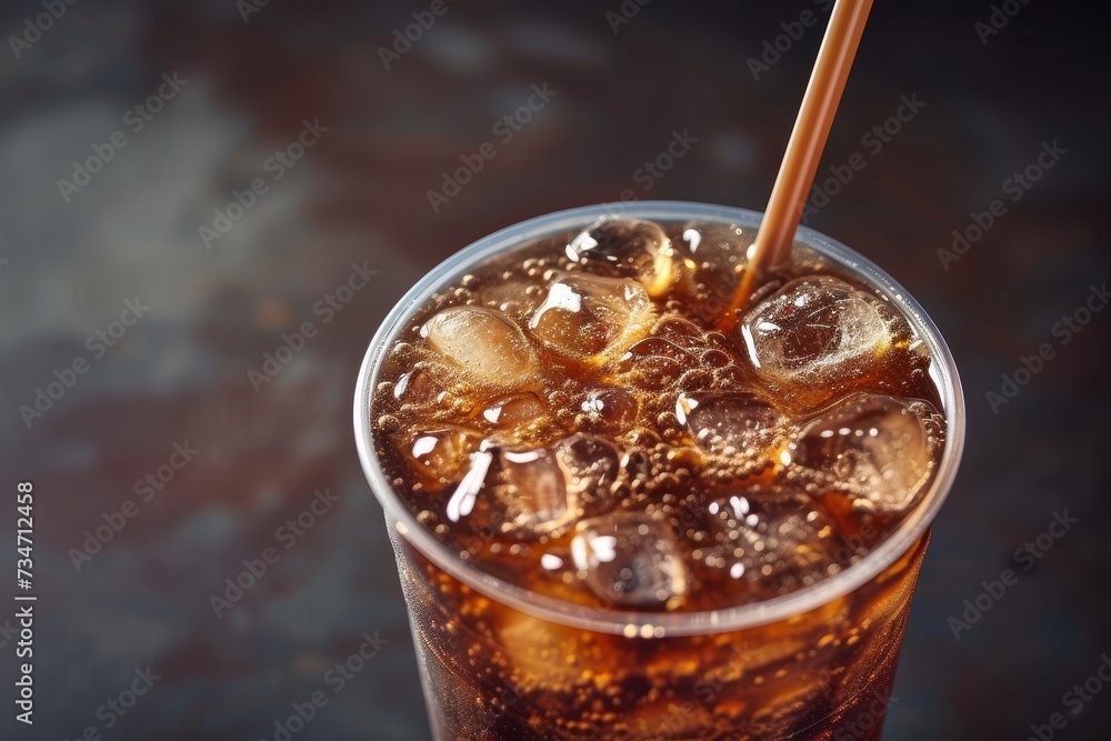 Sticker dark background with iced americano and brown straw brand logo can be placed on plastic glass