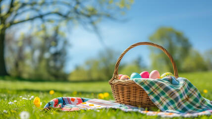 A basket filled with colorful Easter eggs on a picnic blanket in a sunny park, with space for text in the clear blue sky above
