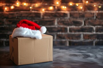 Obraz na płótnie Canvas Freight box with Santa hat on top brick wall with Christmas lights in the background Holiday promotion for moving company Copy space