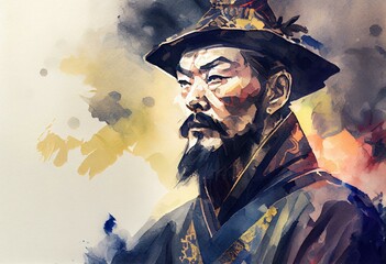 watercolor illustration of Sun Tzu with copy space on the side Generative Ai