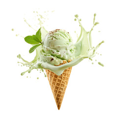 Mint Ice cream in the waffle cone with splash isolated on white background