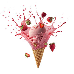 Strawberry Ice cream in the waffle cone with splash and berries isolated on white background