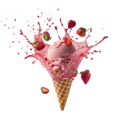Foto auf Alu-Dibond Strawberry Ice cream in the waffle cone with splash and berries isolated on white background © uv_group