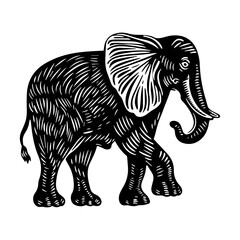 African elephant in linocut textured style. Isolated on white background vector illustration.