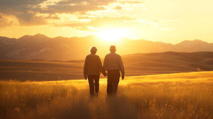 An older couple of different ethnicities holding hands and walking through a field at sunset, symbolizing enduring love. The lighting should create a warm