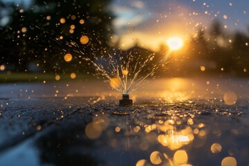 closeup of a sprinkler head starting to spray water at sunrise - obrazy, fototapety, plakaty