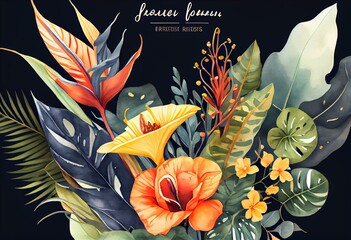 Watercolor bouquet with bright tropical leaves and flowers. Strelitzia, calla lilies, monstera leaf. Jungle floral arrangements. Hand-drawn botany arrangements. Modern tropical. Generative AI