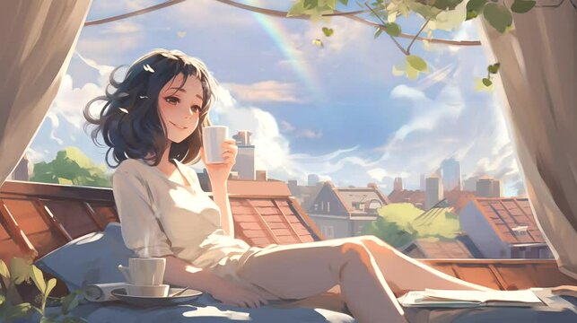 Illustration of woman sitting on a bench enjoying coffee in morning. Seamless looping time-lapse 4k video animation background