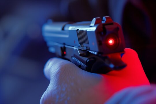 closeup of hand pressing trigger on a laser gun