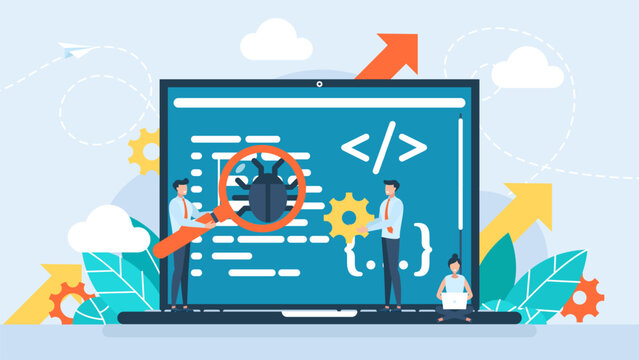 Testing software on laptop in search of bugs and virus. QA team finding, searching, looking for bugs, errors in program, system. Testers in Quality assurance department. Flat vector illustration