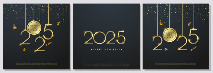 2025 Happy New Year. Gold number New Year 2025 celebration on set background