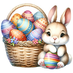 Illustrated Easter card with cute bunny and colored eggs