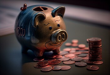 Coins and piggy bank on a desk for saving money and building wealth. Generative AI