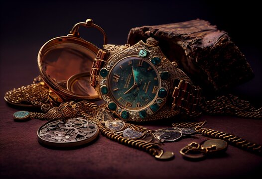 Old and broken jewelry, vintage watches on dark background. Sell  gold  for cash concept. Generative AI