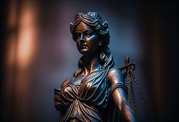 Legal and law concept statue of Lady Justice on blurred background. Generative AI