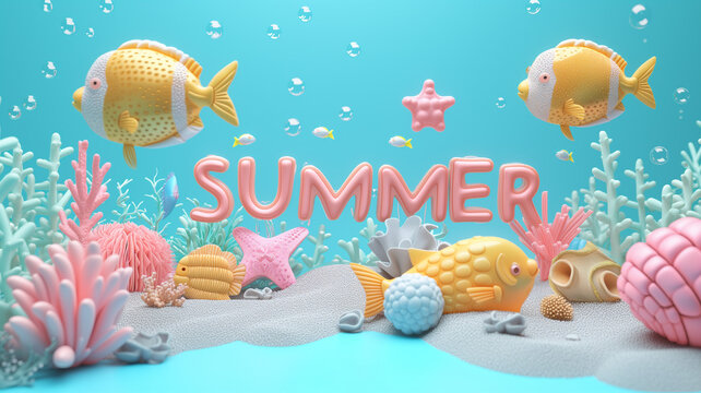 Playful inflatable fish and "SUMMER" in 3D, coral reef colored background