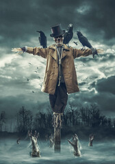 Obraz premium Evil scarecrow and zombies rising