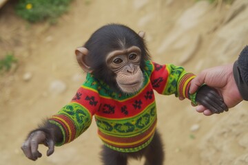 monkey in rasta sweater reaching for persons hand