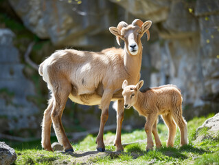 Naklejka na ściany i meble A tender moment between a bighorn sheep mother and her lamb in the wild.