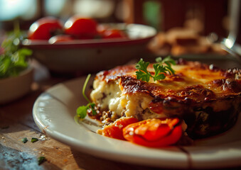 Moussaka close-up, angle view, ultra realistic food photography
