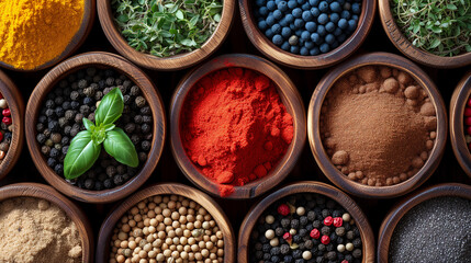 Herbs and spices in bowls on display, top down view.