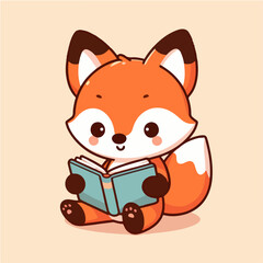 Cute fox studying while reading a book. Cartoon character mascot for children book, sticker, doodle. Fox mascot template reading a book. 