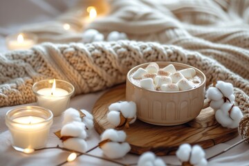 Fototapeta na wymiar Cozy still life with hot chocolate wool sweater candles and cotton Evening coziness concept Selective focus