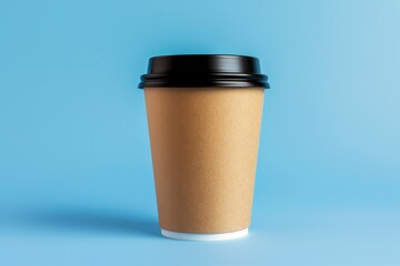 Hot coffee in a brown paper cup with a black lid set against a blue background