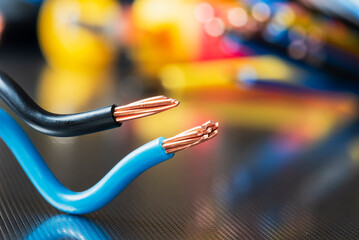Electrical installation material, copper cable wire close-up