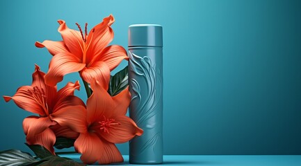 a silver container with a design next to a flower