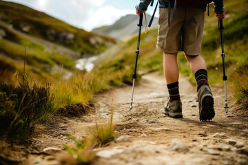 hiker with walking poles on a remote dirt path - obrazy, fototapety, plakaty