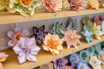 array of intricate origami flowers on a wooden shelf