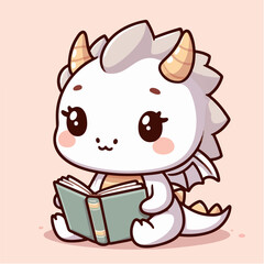Cute baby dragon studying while reading a book. Cartoon character mascot for children book, sticker, doodle. Dragon mascot template reading a book. 