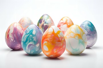 Fototapeta premium A collection of colorful, marble-patterned easter eggs arranged on a smooth surface against a white background