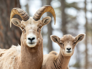 Bighorn sheep mother and her lamb in the wild.