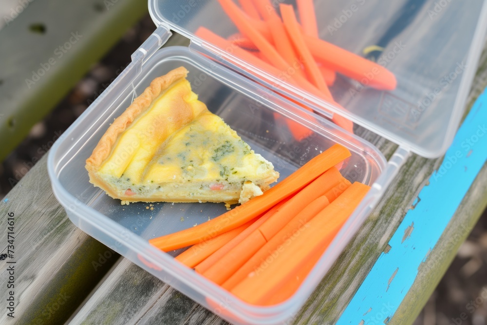 Poster lunchbox with quiche slice and carrot sticks on bench