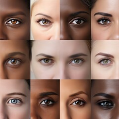 Collage showing women of different races with distinctive facial features and different eyes color. Black, brown and white ladies. Race. Iris. Diversity. African and Caucasian females. Interracial