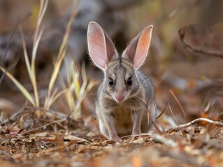 Fototapeta premium A charming bilby with large ears amidst leaves, in a soft-focus natural setting.