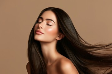 Happy woman with beautiful long hair and smooth clean skin against a colored background - obrazy, fototapety, plakaty