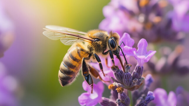Bee friendly garden. Honey bee pollinating a purple flower. Macro closeup.