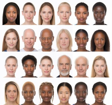 Portrait series of many people with different ages and ethnicity. Collage of ID photos. Phenotype, diversity of men and women. Variety of color skin tones. Black and white adults. Interracial portrait