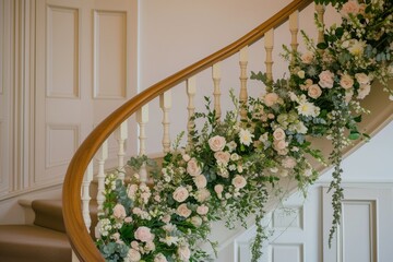 florist decorating the balusters of a spiral staircase with flowers, event setup