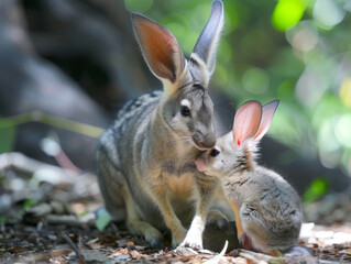 Fototapeta premium An adult bilby with a juvenile, exploring their natural bushland environment together.