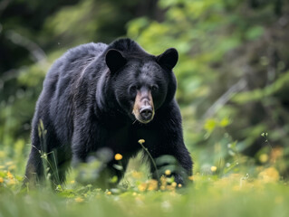 A solitary black bear roaming through a spring forest with green foliage.