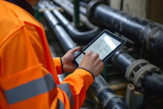 worker with tablet planning pipe layout