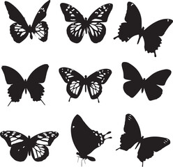Black Silhouettes Butterflies collection on white background 